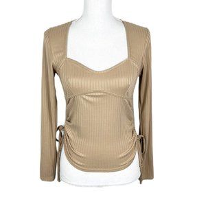 Moa Moa Blouse Women Medium Tan Nude Long Sleeve Queen Anne Neckline Tie Side